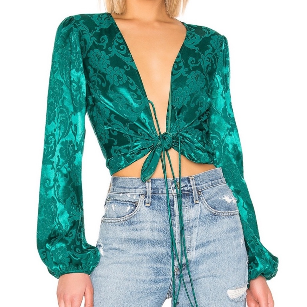 Majorelle Coco Green Royale Floral Jacquard Tie Front Long Sleeve Blouse Small